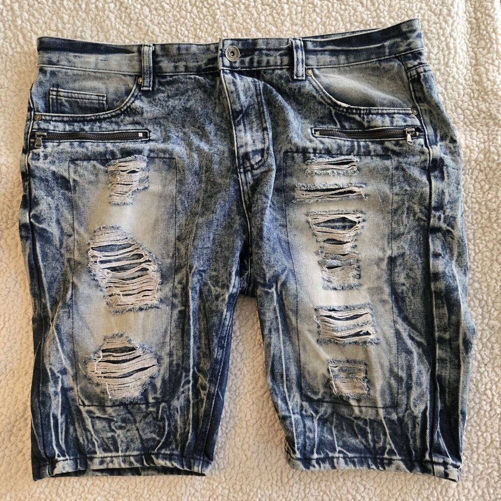 ROAD NARROWS Mens Distressed Denim Jean Shorts Size 40 Ripped Acid Wash Zip...